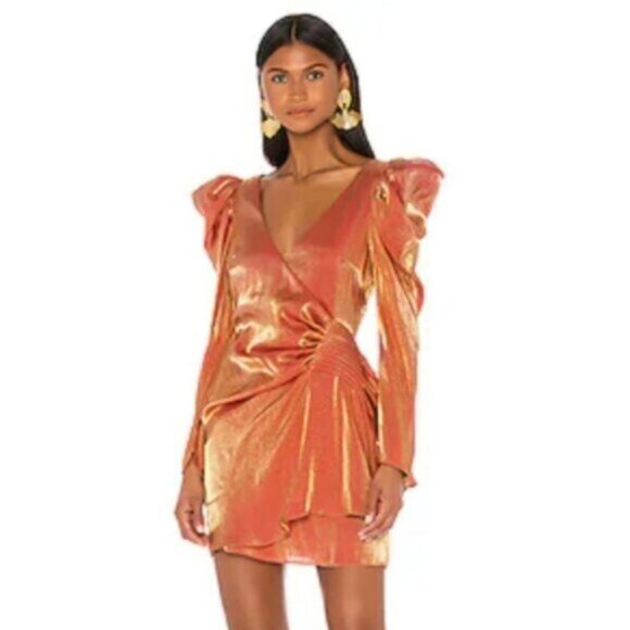 Elliatt Metallic Copper Gold Puff Shoulder Long Sleeve Wrap Mini Dress - Picture 1 of 14